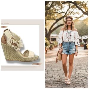 🌿Steve Madden Women's Size 7 Cream and Tan Wedge Sandals